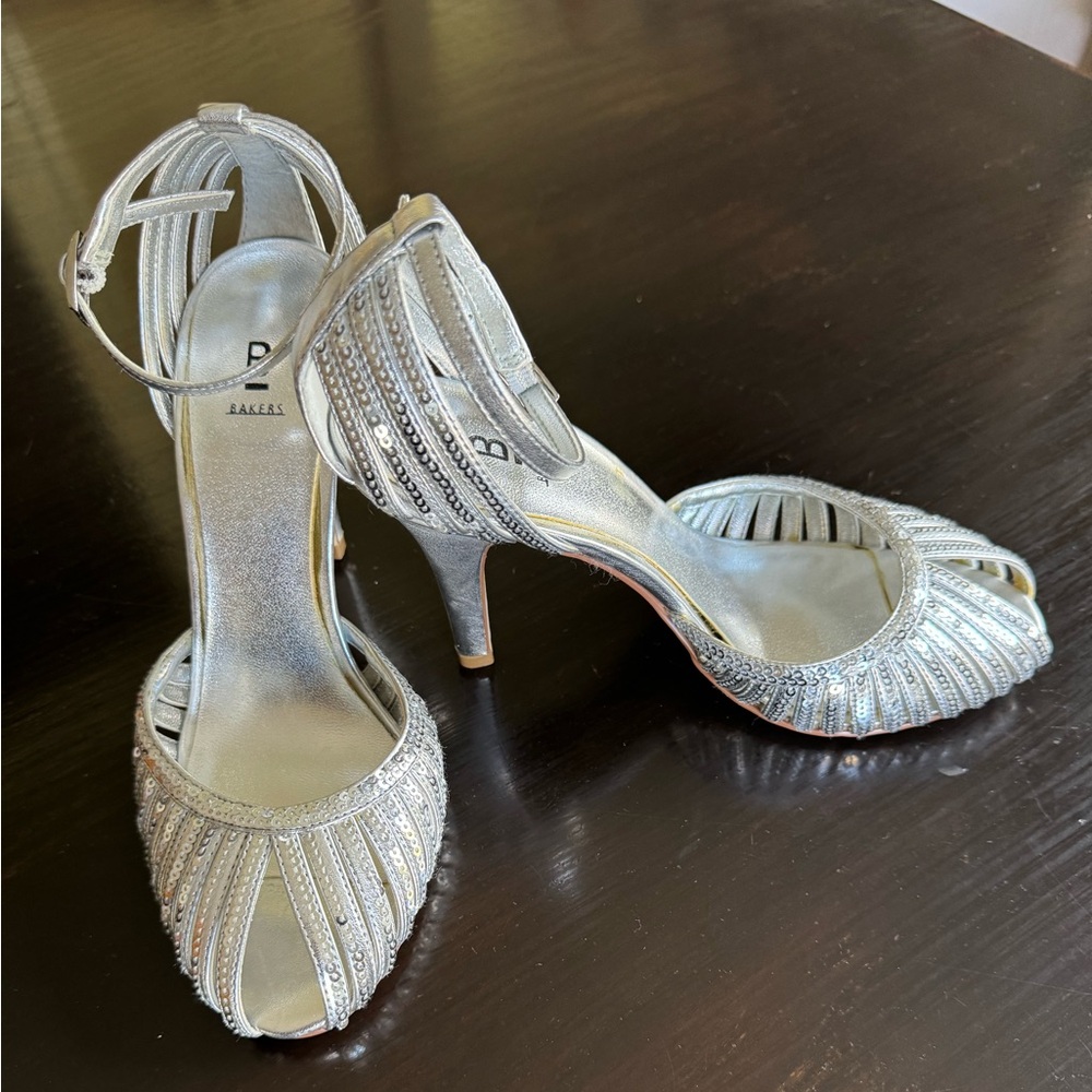 Bakers Size 6.5 Silver Sequin Ankle Strap Heels (with non slip pad on bottoms)